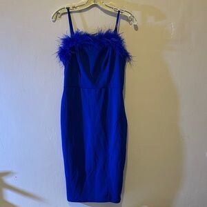 Elegant Strapless Royal Blue Dress with Feather Trim